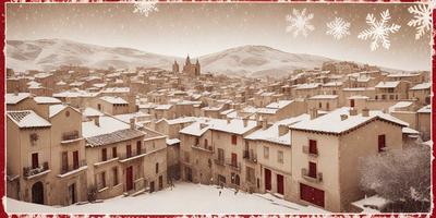 The primary subject of the image is a snow-covered town with a mountain in the background. The setting is a winter landscape, and the visual style appears to be a photo. The colors and mood of the image are predominantly white and cold, with the snow covering the buildings and the mountain adding a sense of depth and grandeur to the scene.
